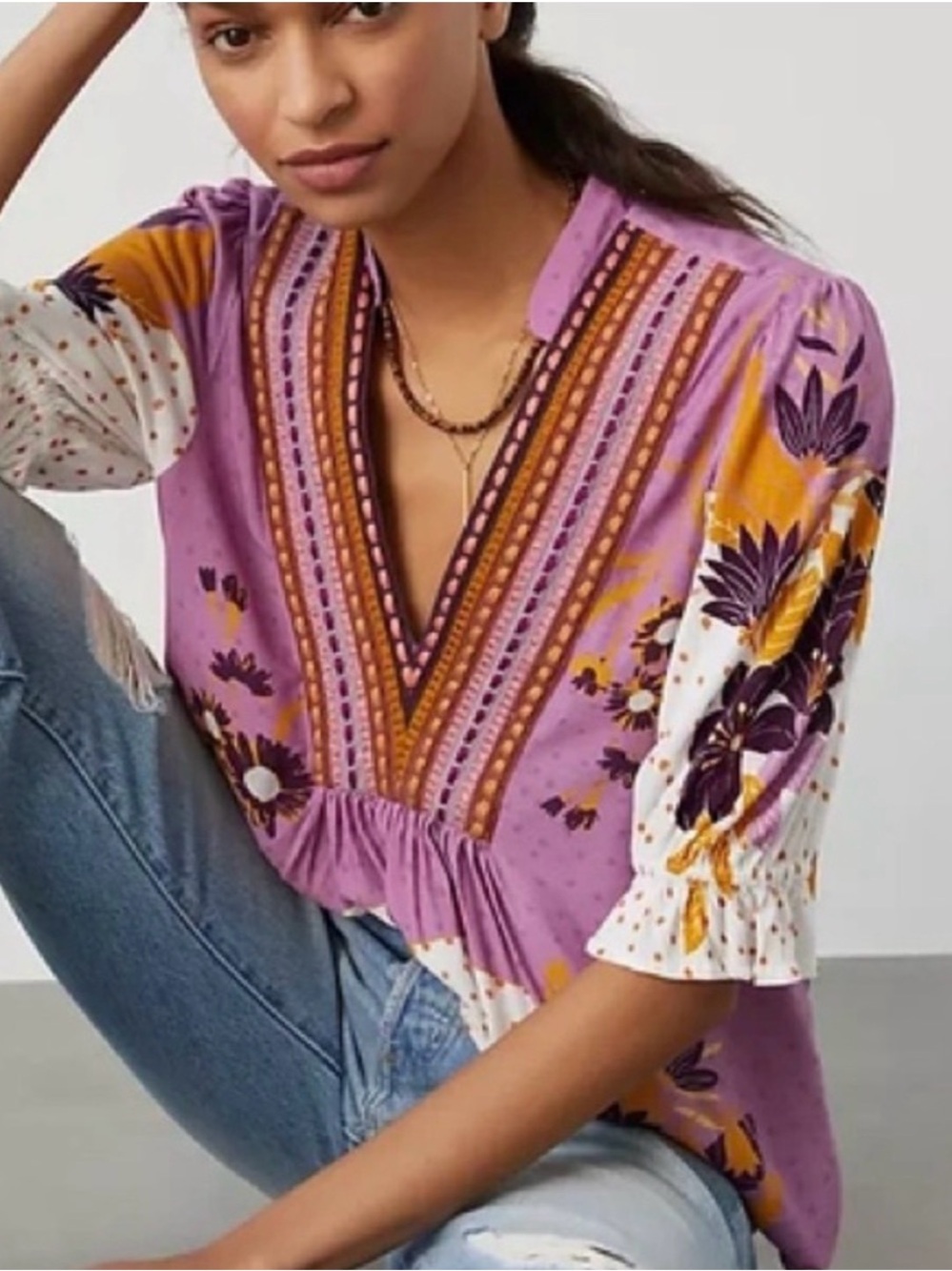 Anthropologie Purple Floral Embroidered Boho Tunic Top